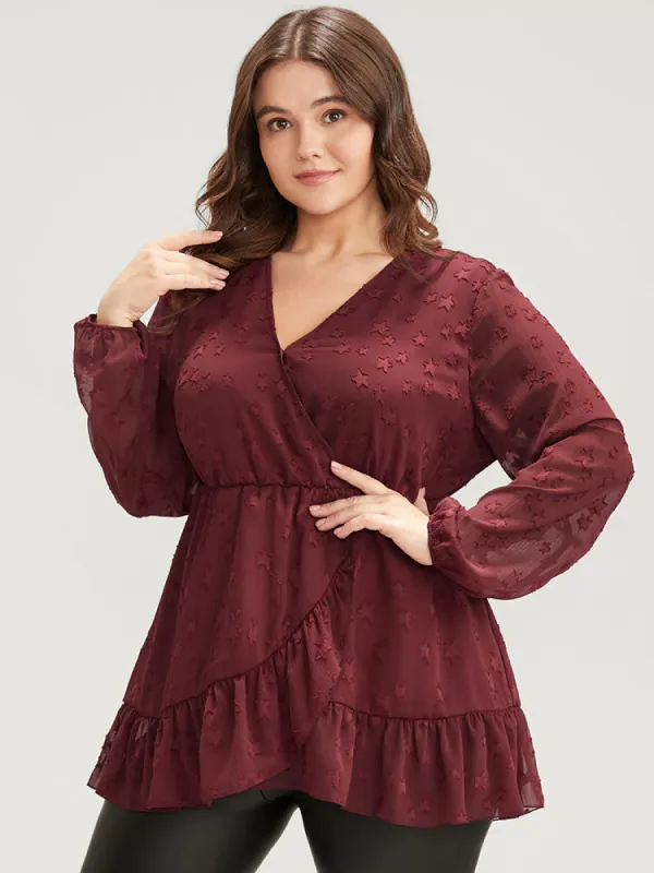 Star Mesh Lantern Sleeve Surplice Neck Ruffle Hem Blouse sold by Bloomchic