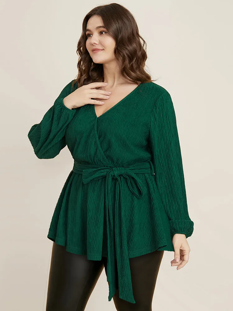 Solid Textured Lantern Sleeve Belted Wrap Blouse sold by Bloomchic product image thumbnail 4