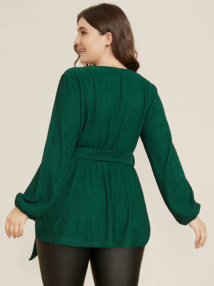 Solid Textured Lantern Sleeve Belted Wrap Blouse sold by Bloomchic product image thumbnail 5