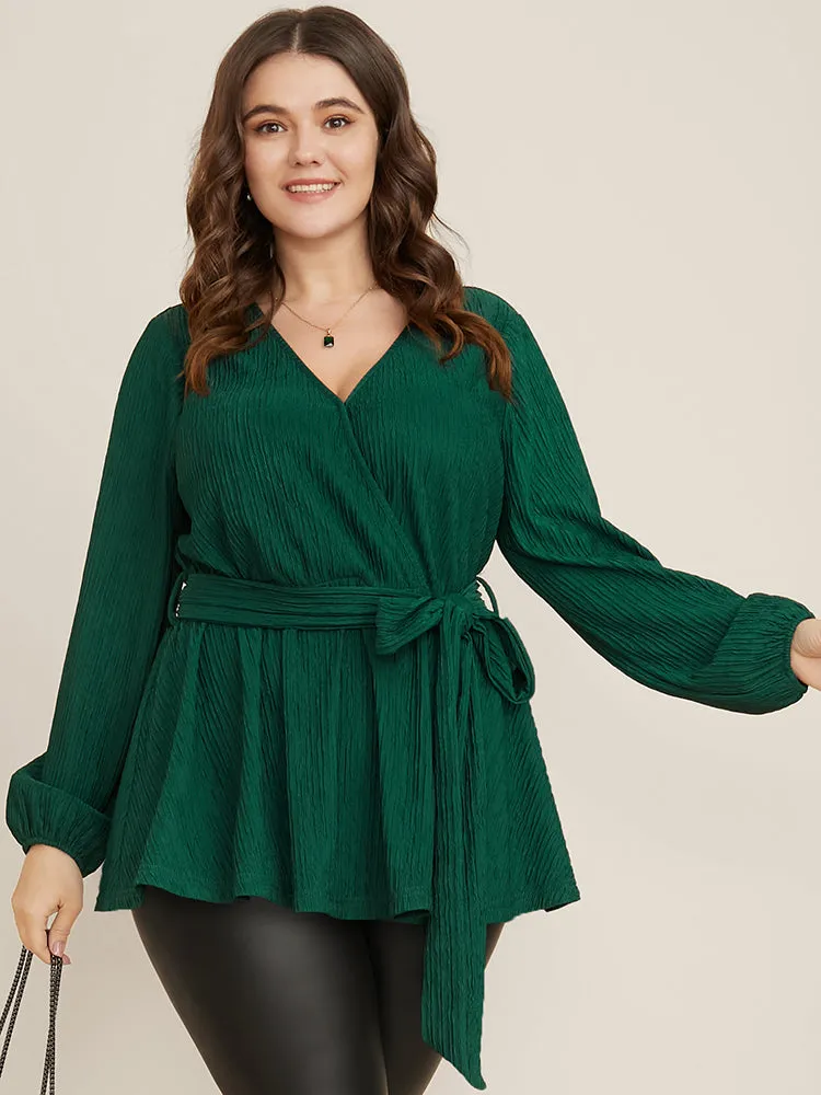 Solid Textured Lantern Sleeve Belted Wrap Blouse sold by Bloomchic product image thumbnail 2