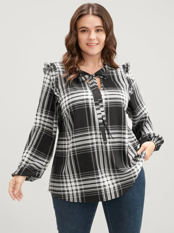 Plaid Lantern Sleeve Keyhole Knotted Neck Ruffles Trim Blouse sold by Bloomchic