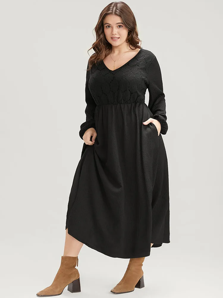 Solid Pocket Textured Lantern Sleeve Contrast Lace Midi Dress sold by Bloomchic product image thumbnail 3