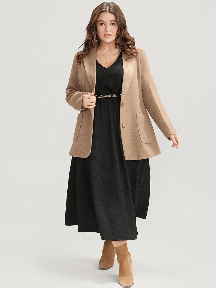 Solid Pocket Textured Lantern Sleeve Contrast Lace Midi Dress sold by Bloomchic product image thumbnail 4