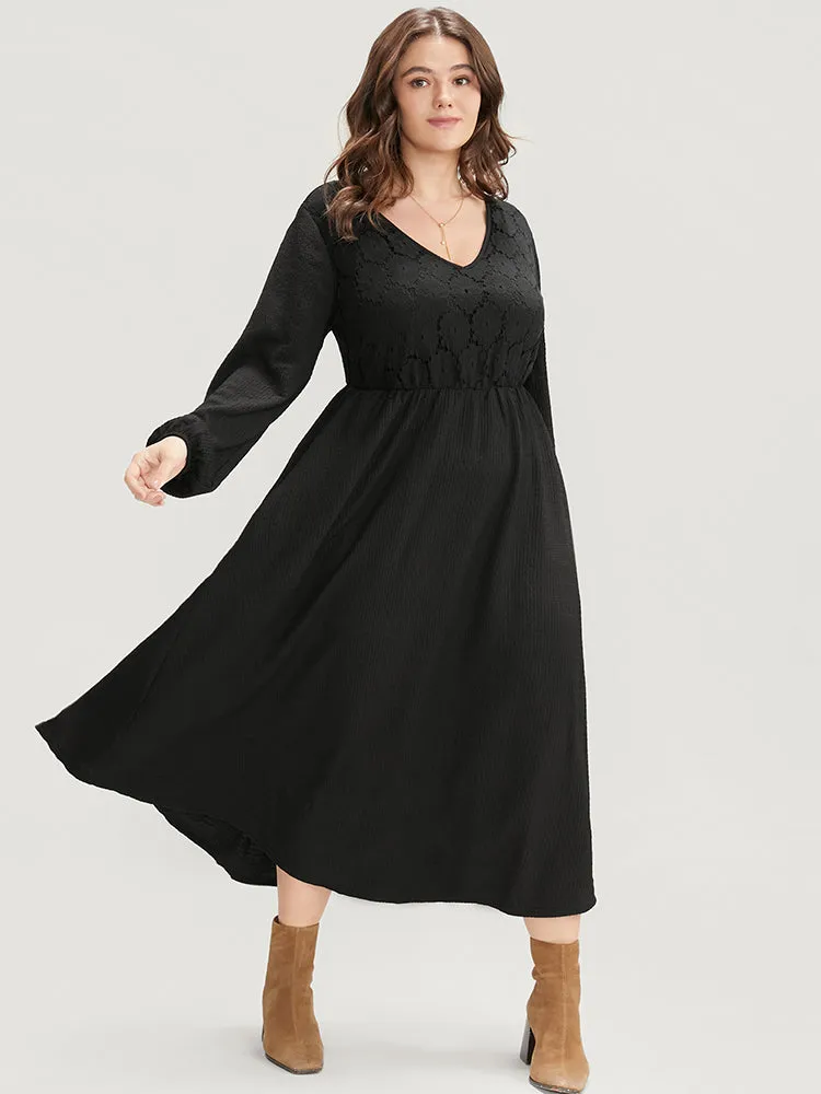 Solid Pocket Textured Lantern Sleeve Contrast Lace Midi Dress sold by Bloomchic