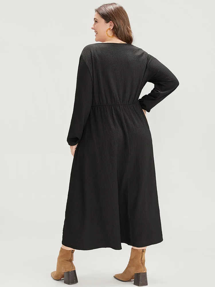 Solid Pocket Textured Lantern Sleeve Contrast Lace Midi Dress sold by Bloomchic product image thumbnail 5