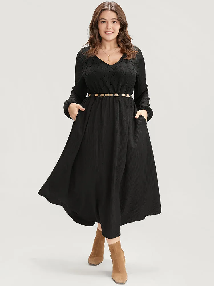 Solid Pocket Textured Lantern Sleeve Contrast Lace Midi Dress sold by Bloomchic product image thumbnail 2