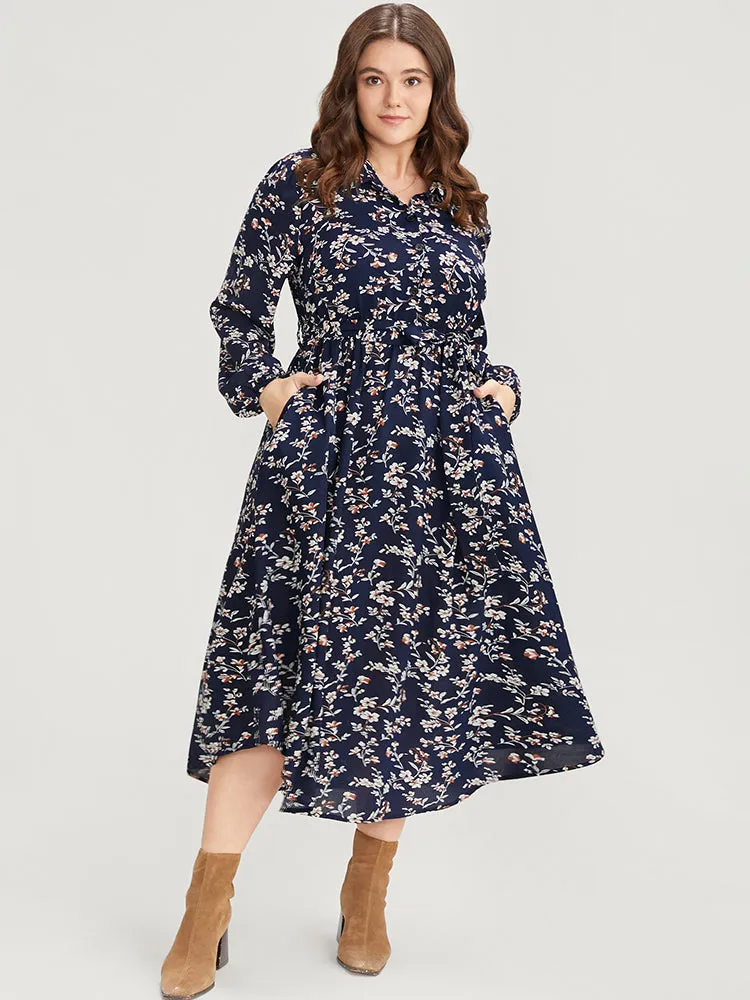 Ditsy Floral Pocket Lantern Sleeve Belted Shirt Collar Dress sold by Bloomchic