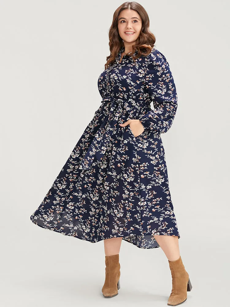 Ditsy Floral Pocket Lantern Sleeve Belted Shirt Collar Dress sold by Bloomchic product image thumbnail 2