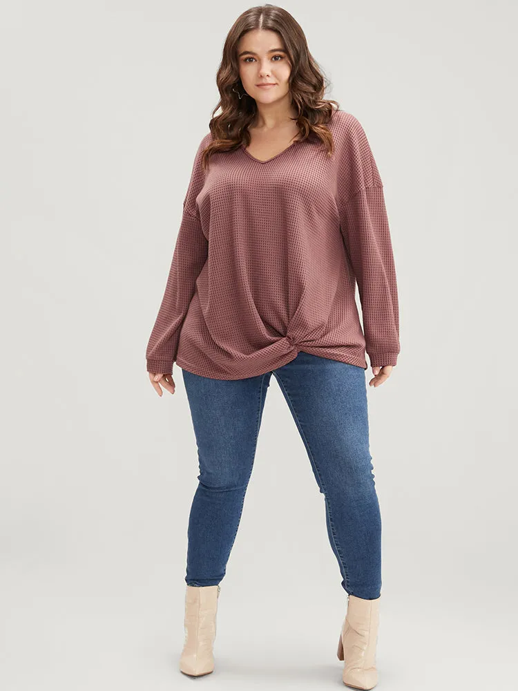 Solid V Neck Twist Front Waffle Knit Sweatshirt sold by Bloomchic product image thumbnail 4