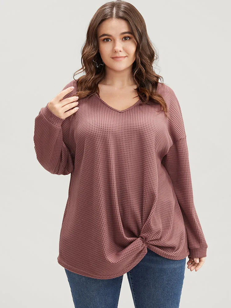 Solid V Neck Twist Front Waffle Knit Sweatshirt sold by Bloomchic