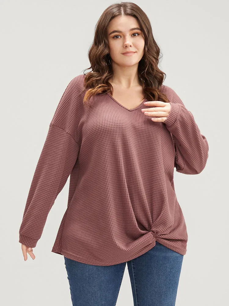 Solid V Neck Twist Front Waffle Knit Sweatshirt sold by Bloomchic product image thumbnail 2