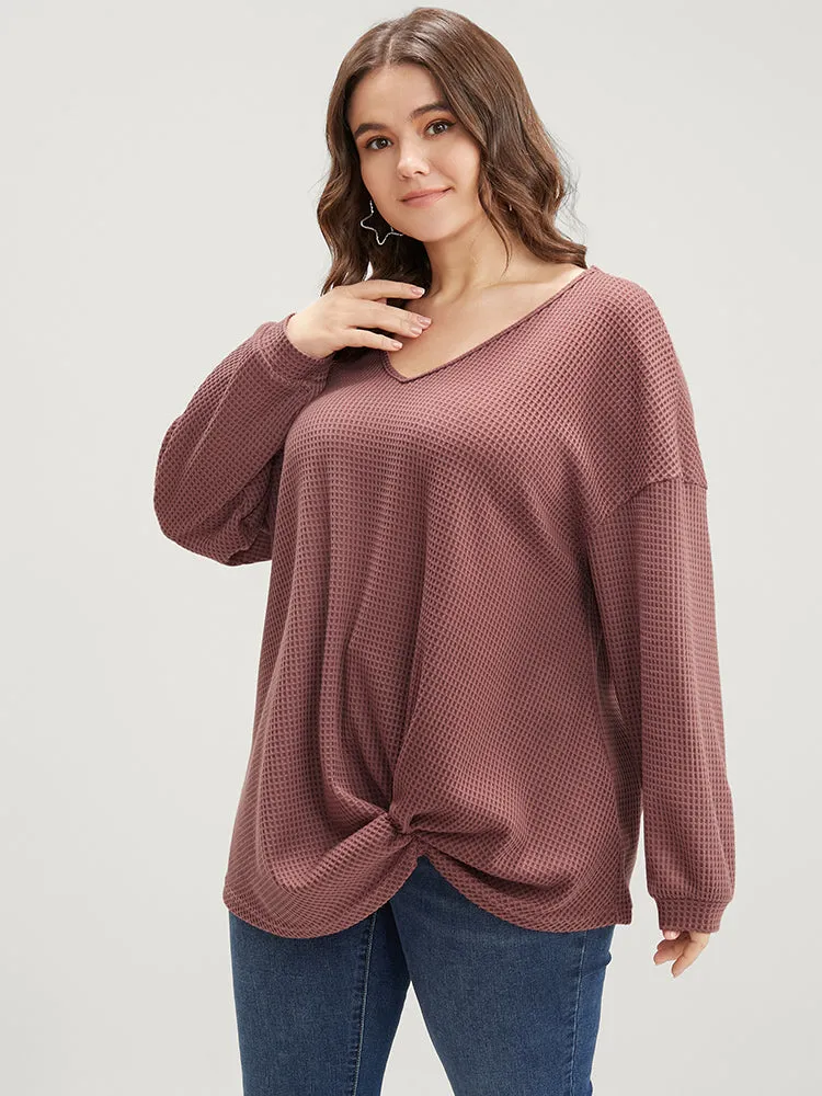 Solid V Neck Twist Front Waffle Knit Sweatshirt sold by Bloomchic product image thumbnail 3