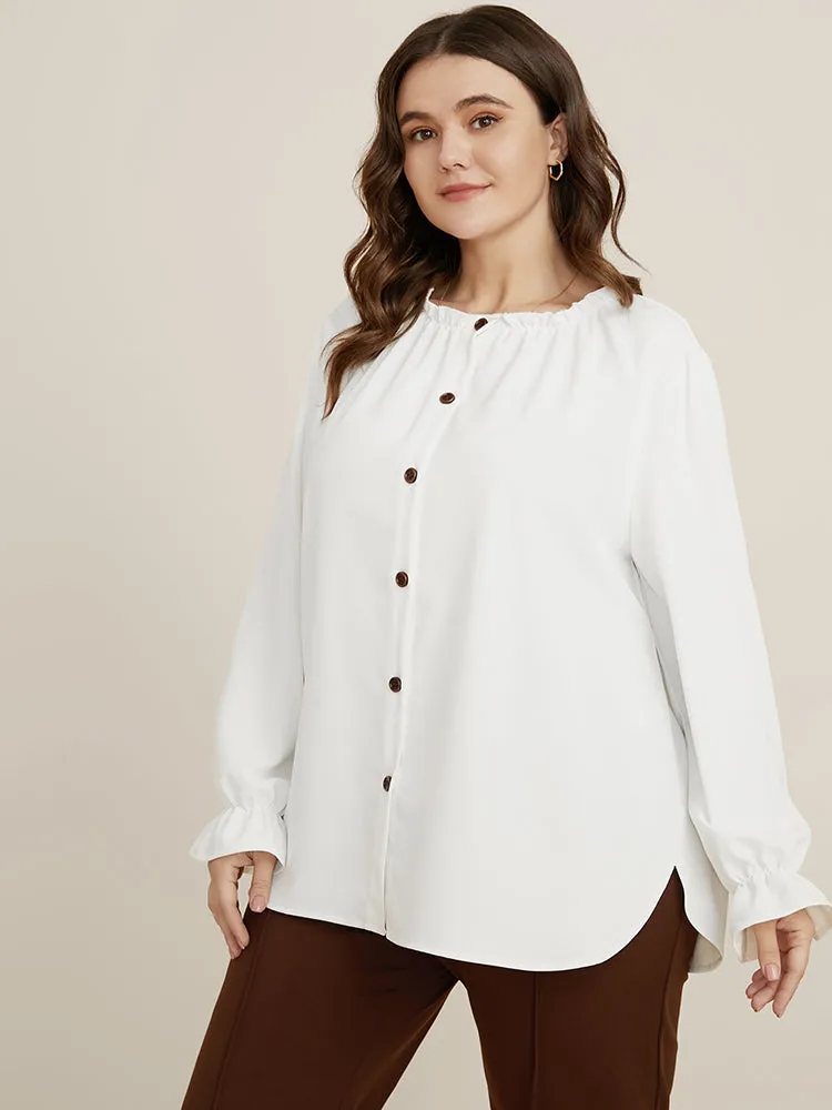 Solid Lantern Sleeve Button Up Frill Trim Blouse sold by Bloomchic