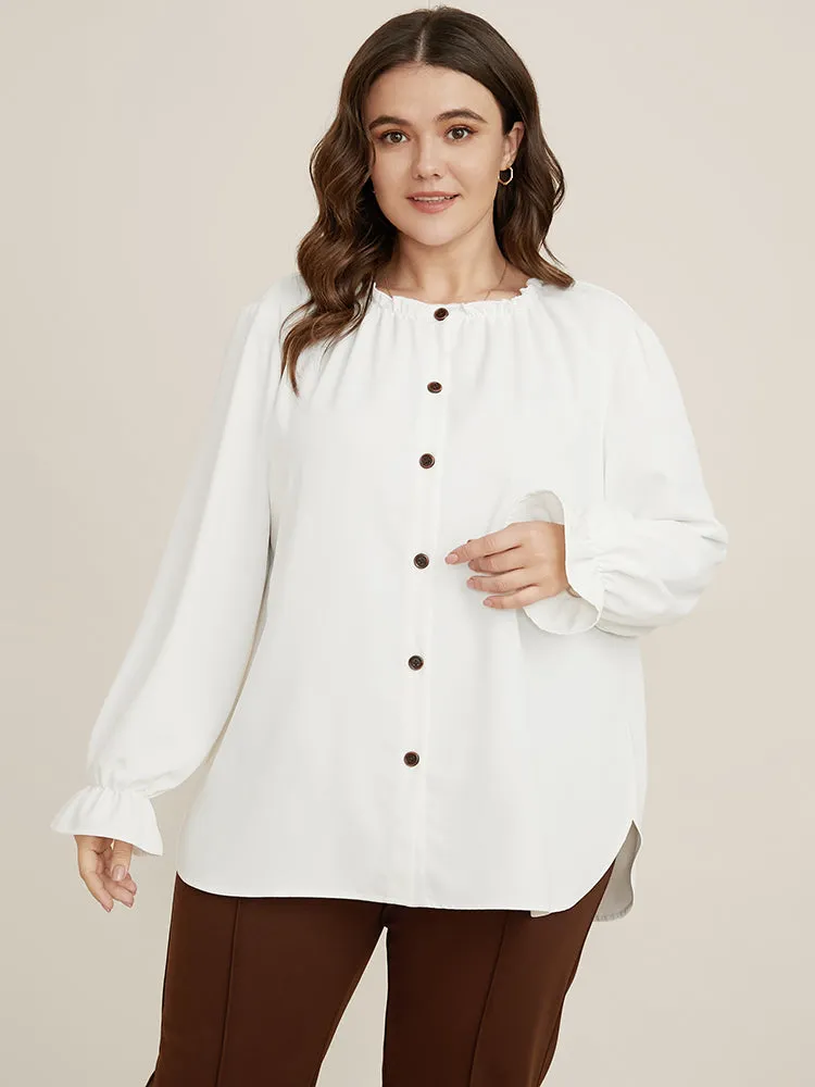 Solid Lantern Sleeve Button Up Frill Trim Blouse sold by Bloomchic product image thumbnail 2
