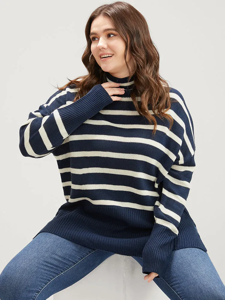 Striped Contrast Pointelle Knit Split Hem Mock Neck Knit Top sold by Bloomchic product image thumbnail 3