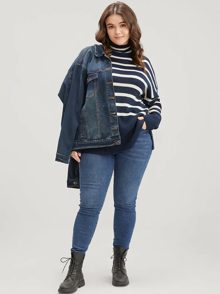 Striped Contrast Pointelle Knit Split Hem Mock Neck Knit Top sold by Bloomchic product image thumbnail 4