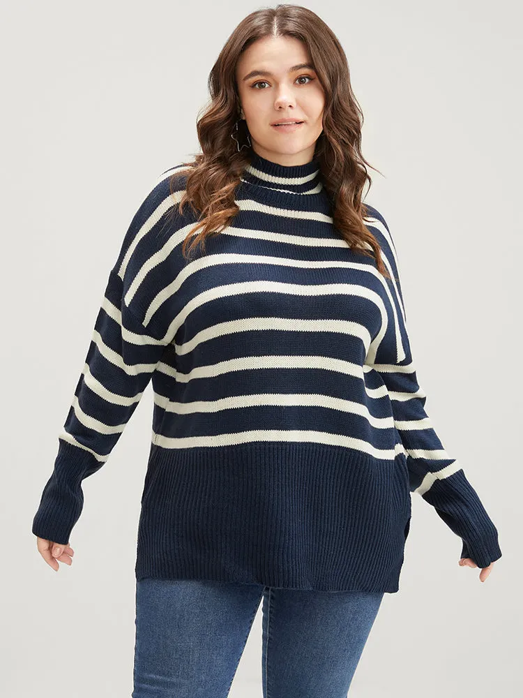 Striped Contrast Pointelle Knit Split Hem Mock Neck Knit Top sold by Bloomchic