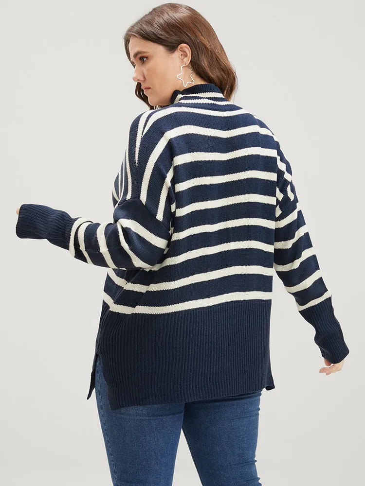 Striped Contrast Pointelle Knit Split Hem Mock Neck Knit Top sold by Bloomchic product image thumbnail 5