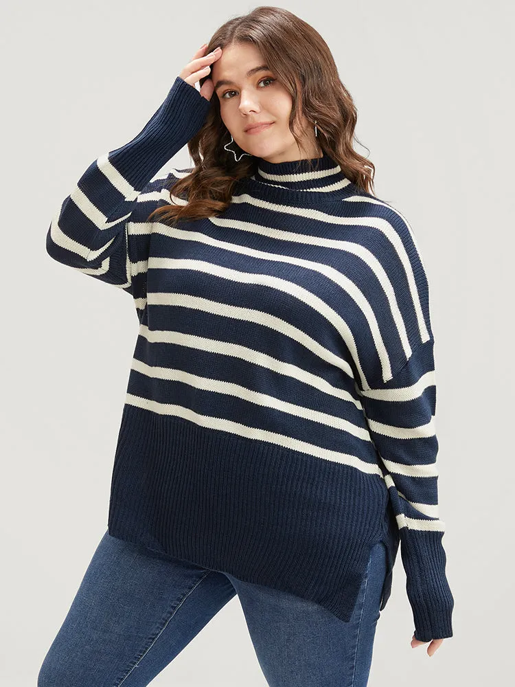 Striped Contrast Pointelle Knit Split Hem Mock Neck Knit Top sold by Bloomchic product image thumbnail 2