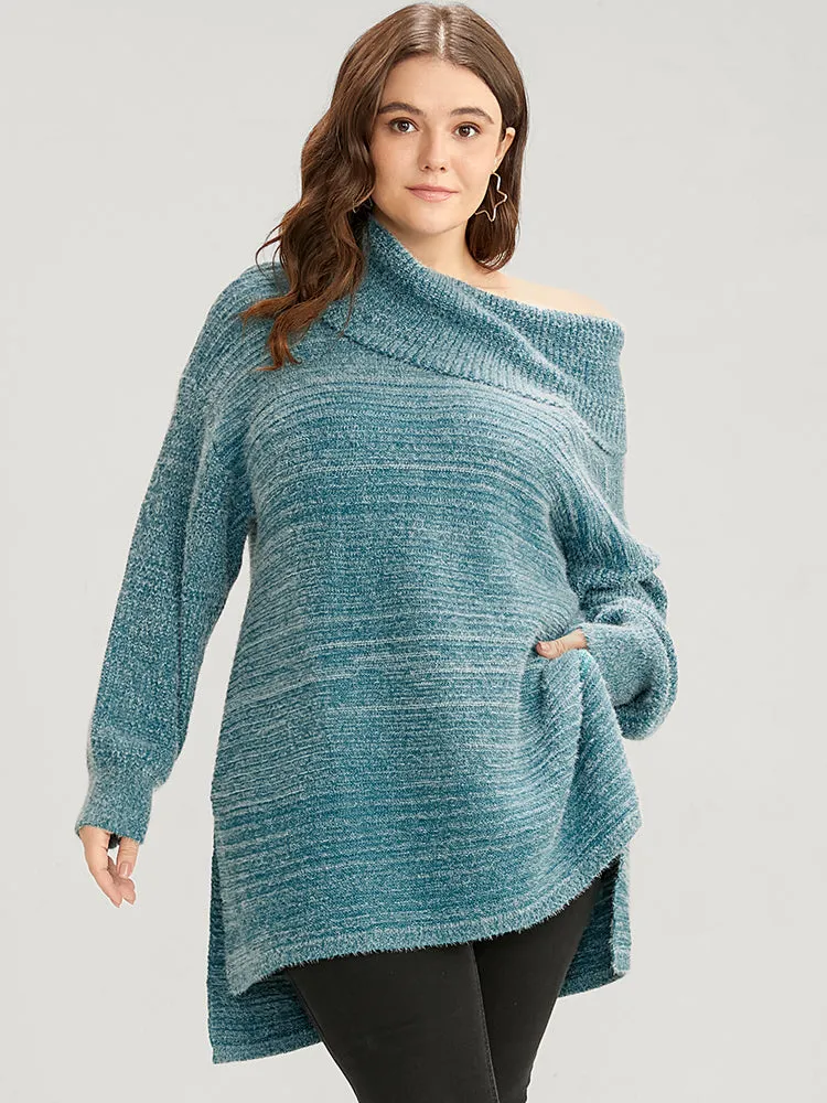 Solid Pointelle Knit Split Hem Funnel Neck Fluffy Knit Top sold by Bloomchic product image thumbnail 2