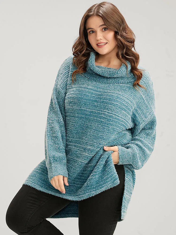 Solid Pointelle Knit Split Hem Funnel Neck Fluffy Knit Top sold by Bloomchic product image thumbnail 3