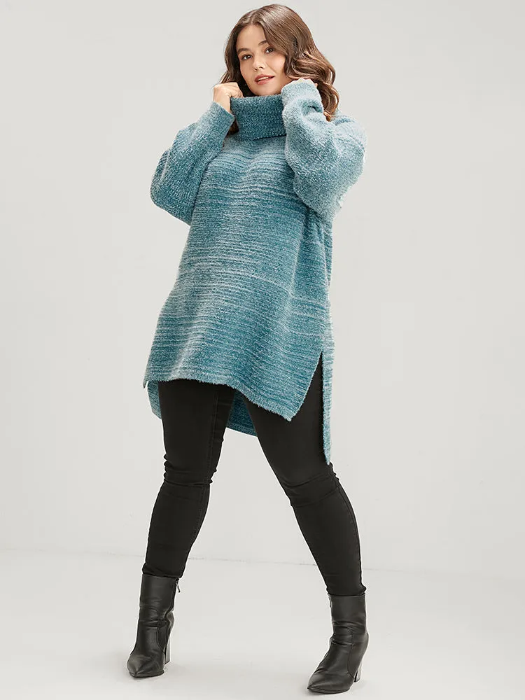 Solid Pointelle Knit Split Hem Funnel Neck Fluffy Knit Top sold by Bloomchic product image thumbnail 4