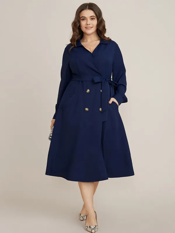 Solid Button Detail Pocket Belted Surplice Neck Dress sold by Bloomchic