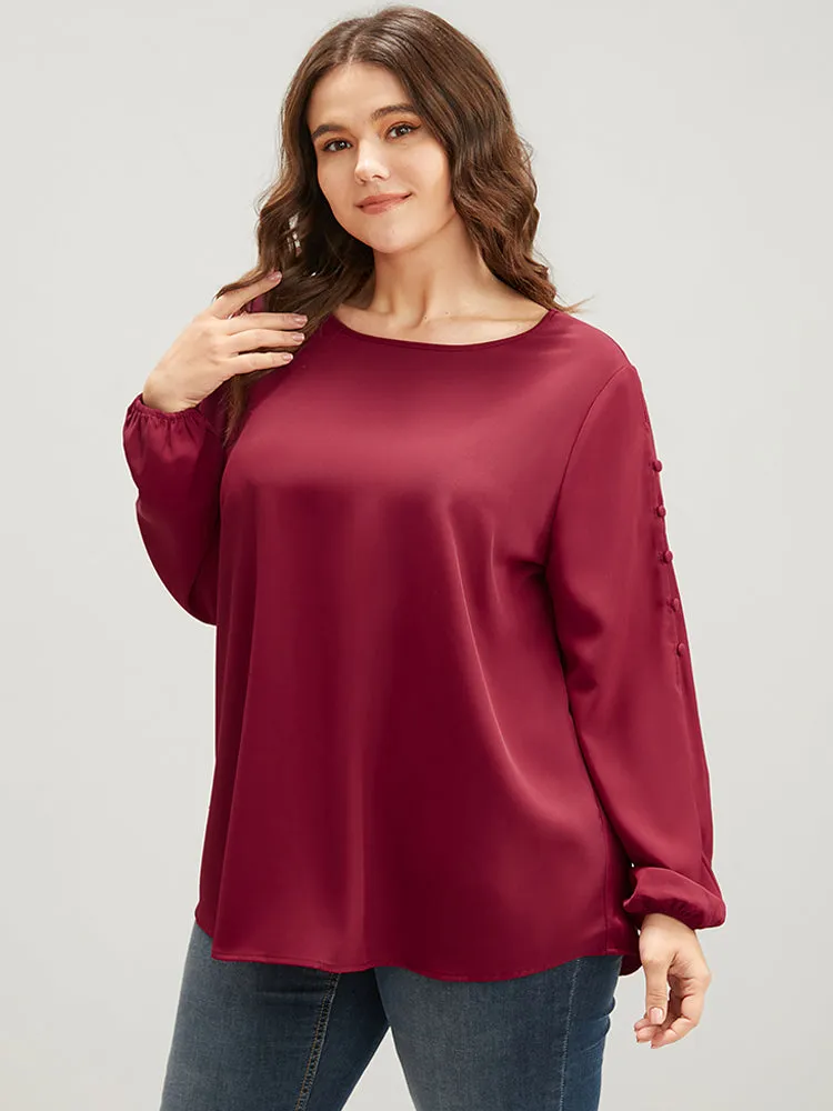 Solid Round Neck Button Detail Blouse sold by Bloomchic