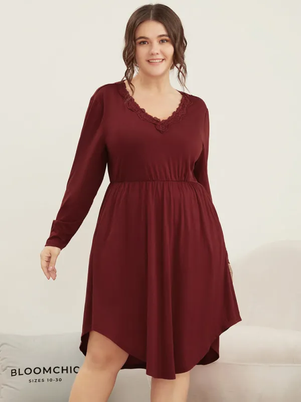 Solid Lace Pocket Arc Hem Sleep Dress sold by Bloomchic