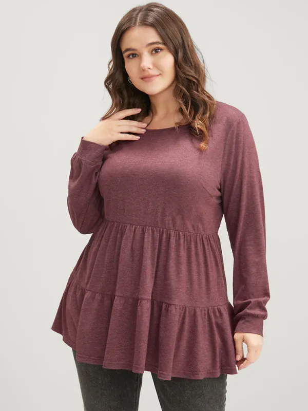 Solid Round Neck Ruffle Hem Long Tee sold by Bloomchic
