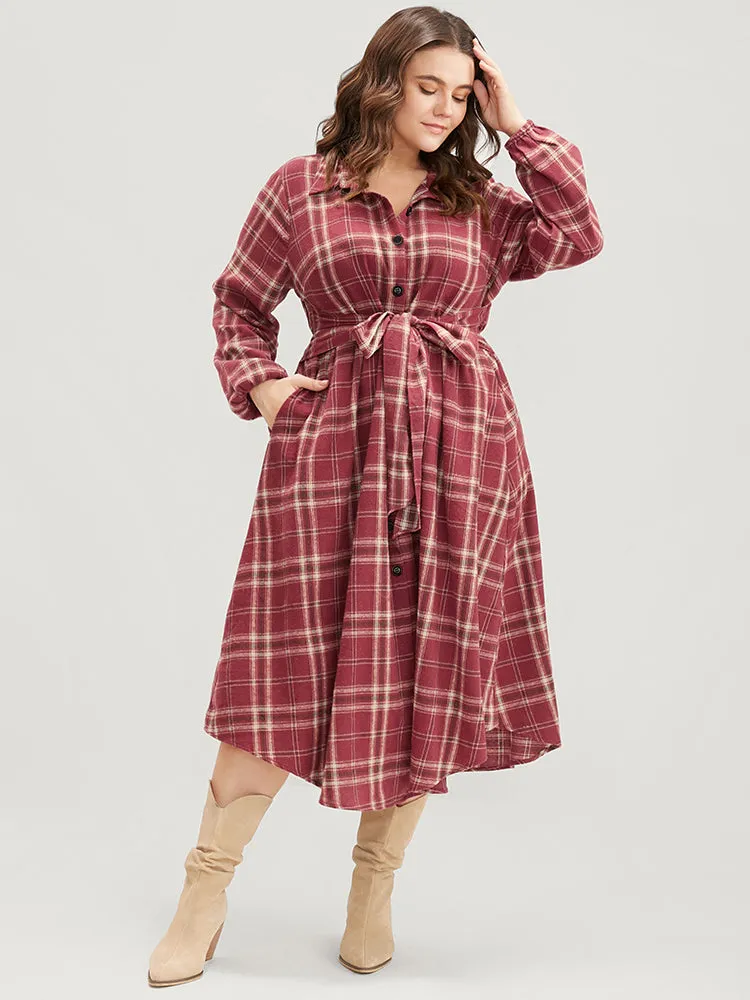 Plaid Button Detail Lantern Sleeve Pocket Knot Front Flutter Dress sold by Bloomchic
