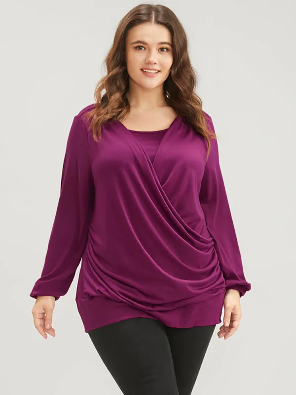 Solid Round Neck Lantern Sleeve Gathered Wrap Long Tee sold by Bloomchic