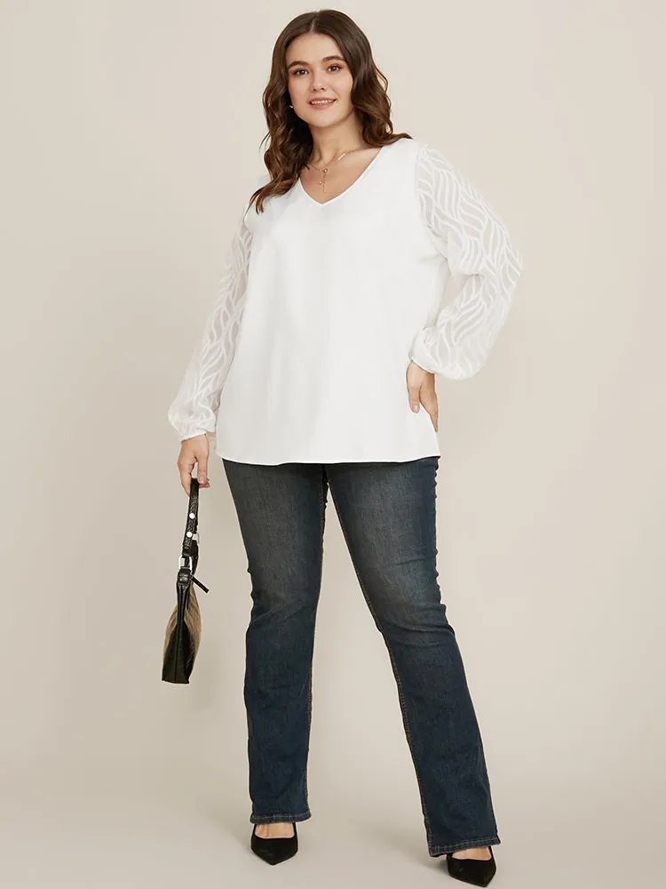 Solid Geometric Mesh Lantern Sleeve V Neck Blouse sold by Bloomchic product image thumbnail 4
