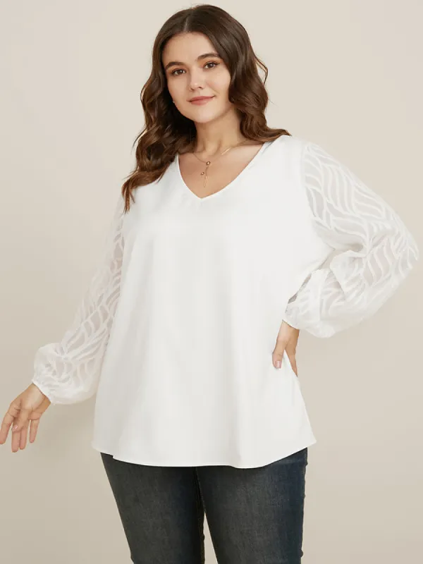 Solid Geometric Mesh Lantern Sleeve V Neck Blouse sold by Bloomchic