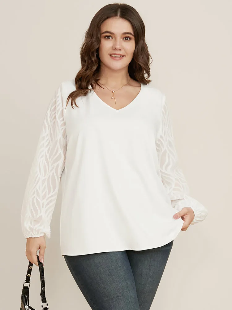 Solid Geometric Mesh Lantern Sleeve V Neck Blouse sold by Bloomchic product image thumbnail 2