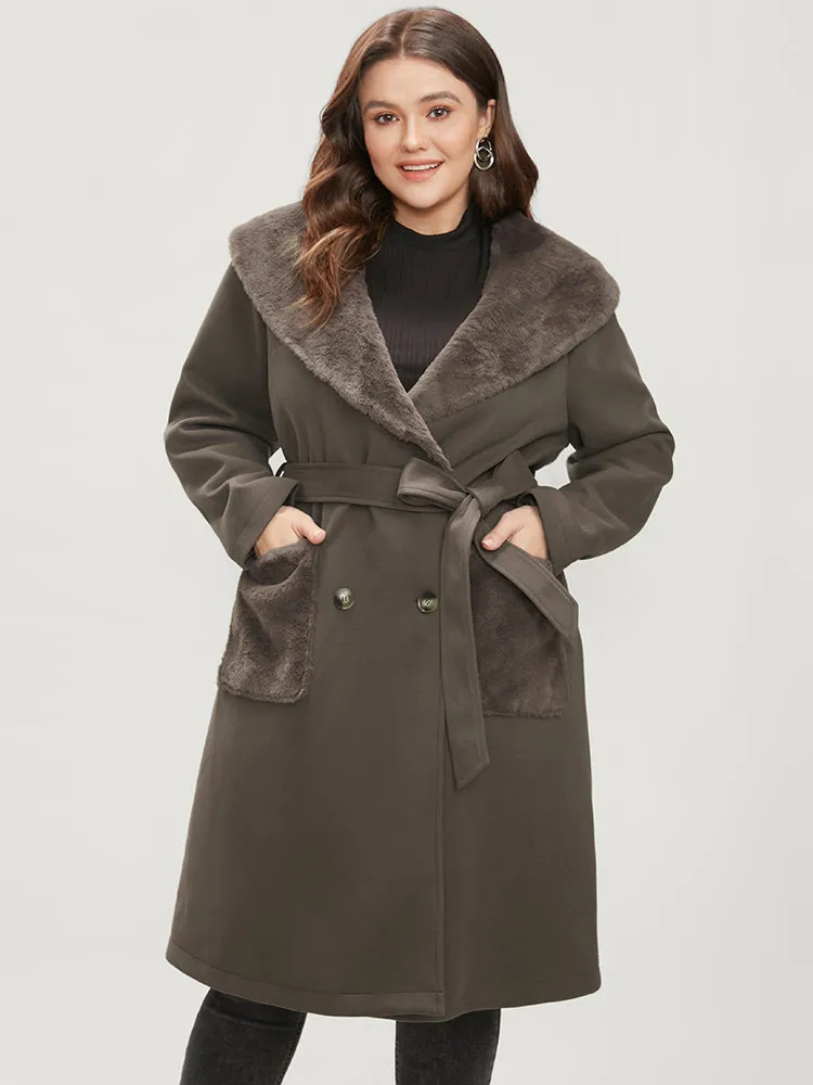 Solid Double Breasted Pocket Lapel Collar Fuzzy Trim Belted Coat sold by Bloomchic product image thumbnail 3