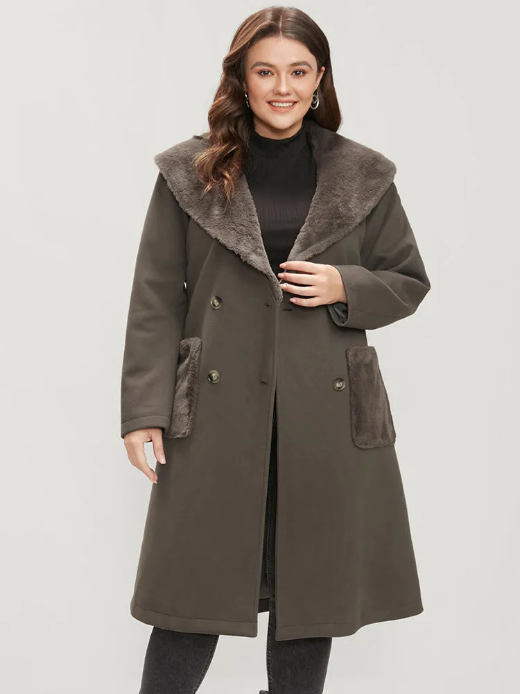 Solid Double Breasted Pocket Lapel Collar Fuzzy Trim Belted Coat sold by Bloomchic product image thumbnail 4
