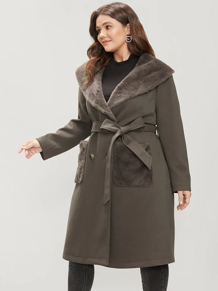 Solid Double Breasted Pocket Lapel Collar Fuzzy Trim Belted Coat sold by Bloomchic