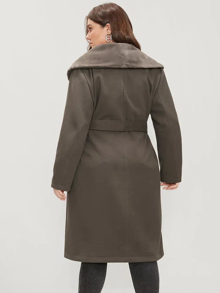 Solid Double Breasted Pocket Lapel Collar Fuzzy Trim Belted Coat sold by Bloomchic product image thumbnail 5