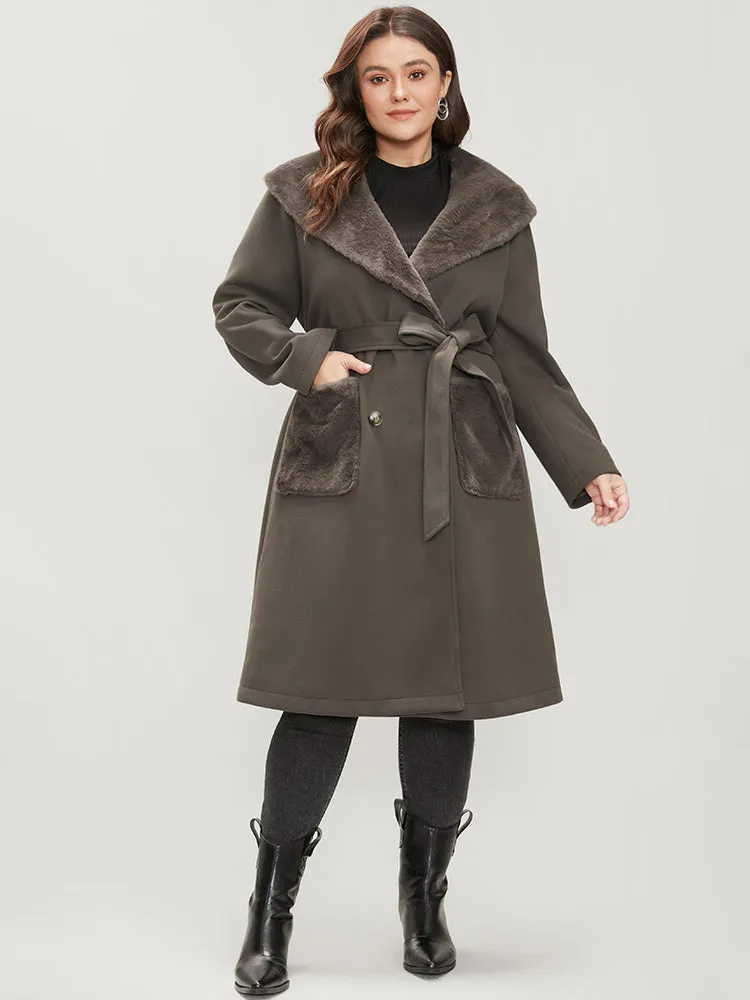 Solid Double Breasted Pocket Lapel Collar Fuzzy Trim Belted Coat sold by Bloomchic product image thumbnail 2