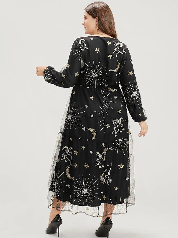 Moon And Star Pocket Lantern Sleeve Embroidered Mesh Dress sold by Bloomchic product image thumbnail 4
