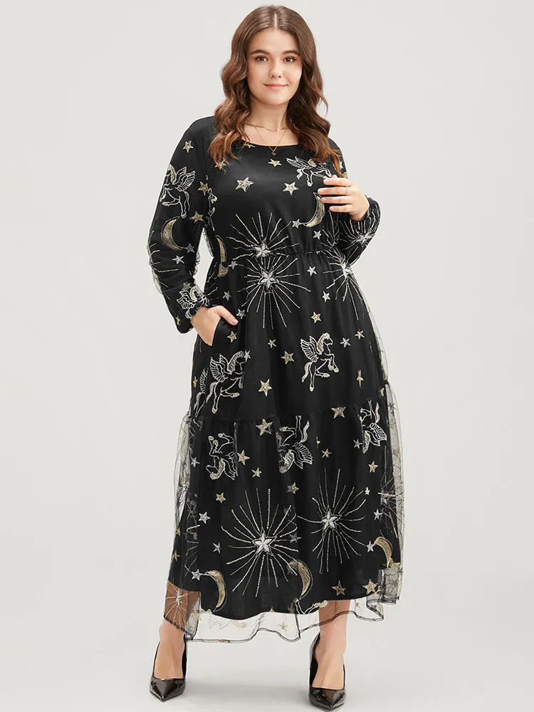 Moon And Star Pocket Lantern Sleeve Embroidered Mesh Dress sold by Bloomchic