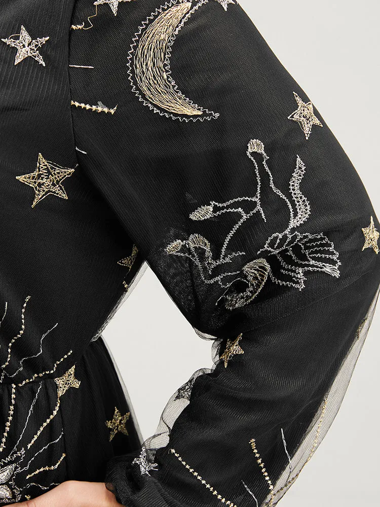 Moon And Star Pocket Lantern Sleeve Embroidered Mesh Dress sold by Bloomchic product image thumbnail 5