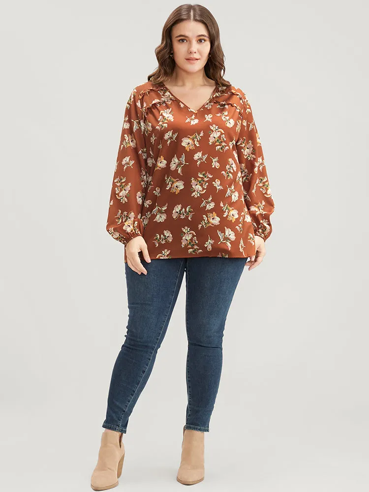 Floral V Neck Ruffles Trim Lantern Sleeve Blouse sold by Bloomchic product image thumbnail 5