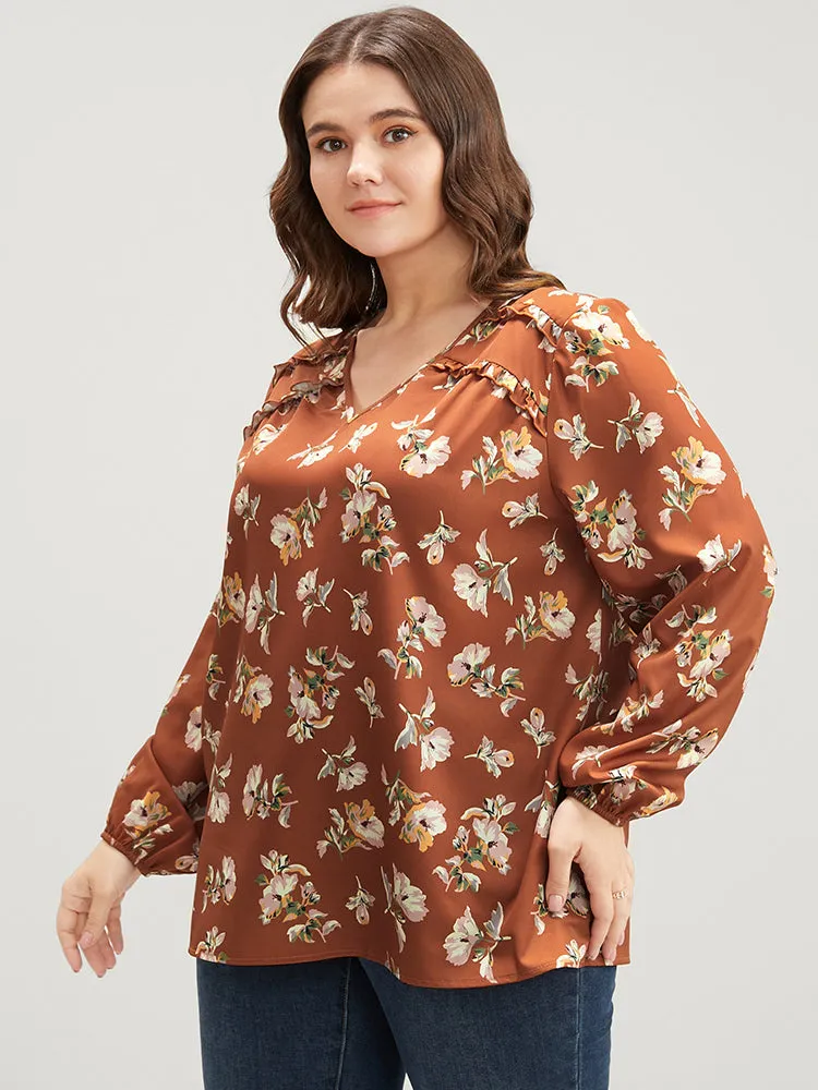 Floral V Neck Ruffles Trim Lantern Sleeve Blouse sold by Bloomchic product image thumbnail 2