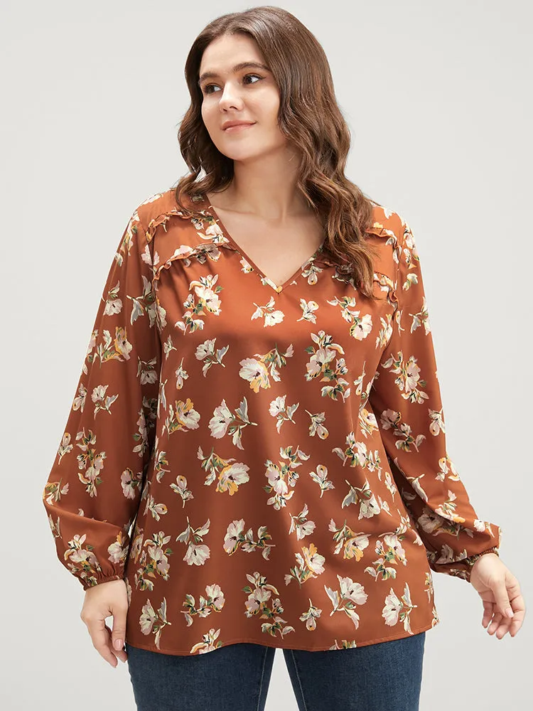 Floral V Neck Ruffles Trim Lantern Sleeve Blouse sold by Bloomchic product image thumbnail 3