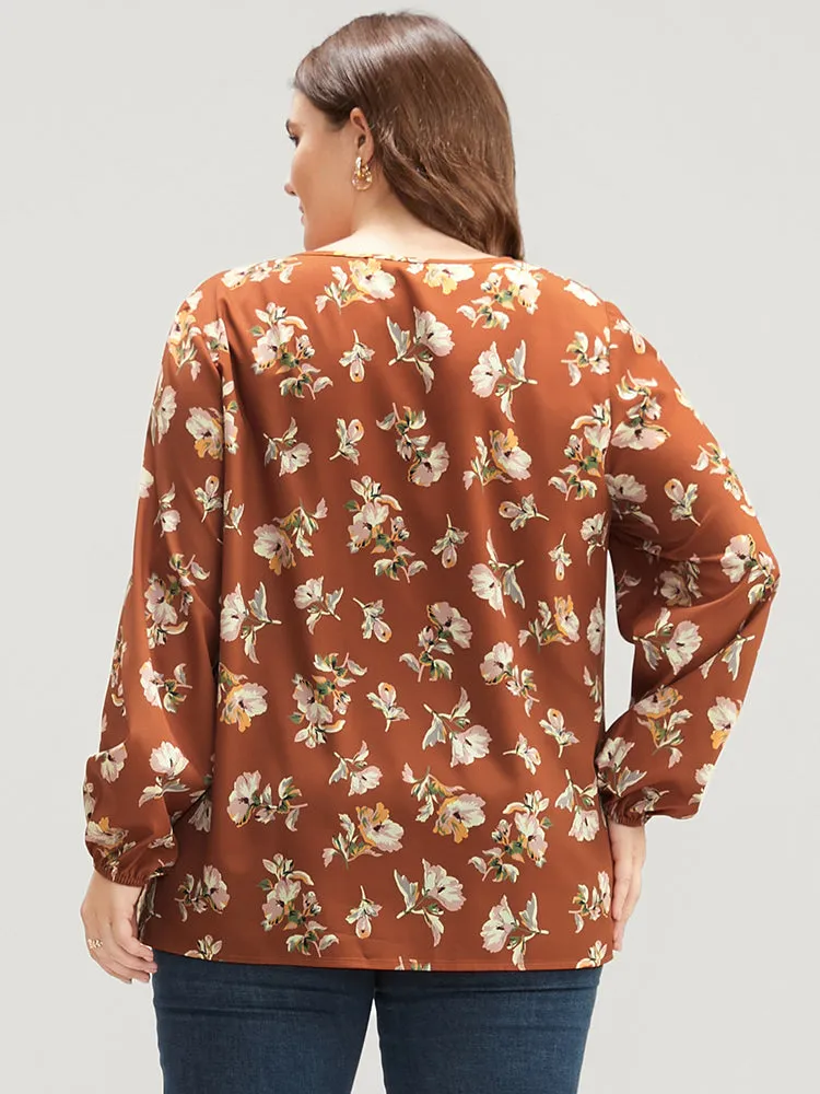 Floral V Neck Ruffles Trim Lantern Sleeve Blouse sold by Bloomchic product image thumbnail 4