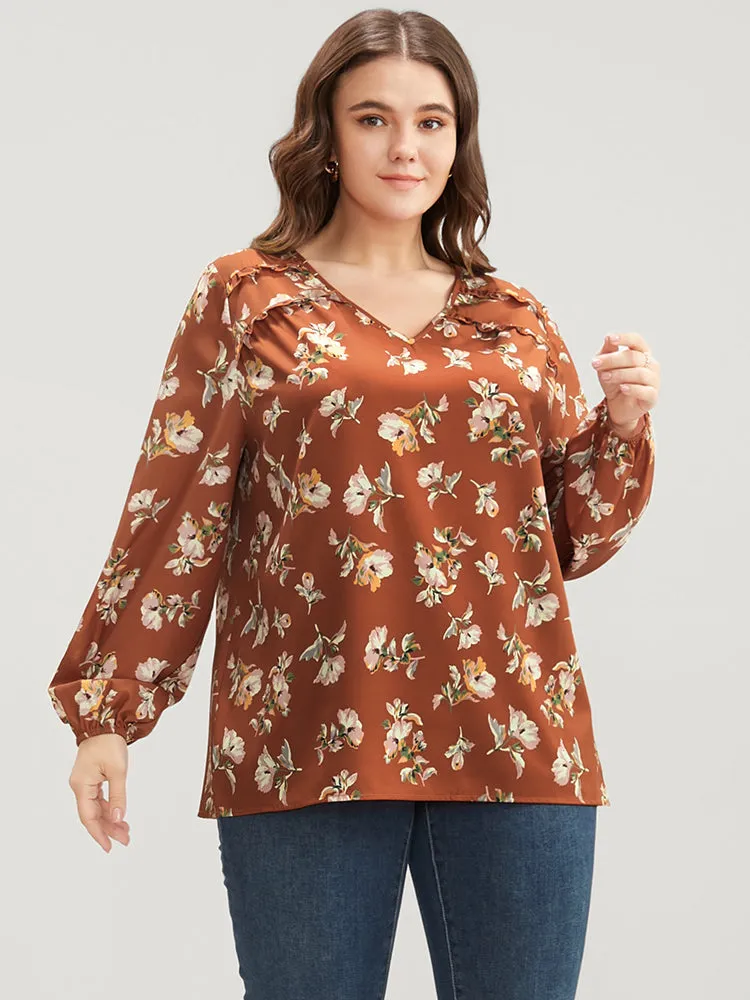 Floral V Neck Ruffles Trim Lantern Sleeve Blouse sold by Bloomchic