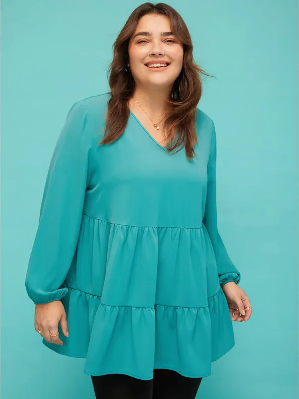 Solid V Neck Lantern Sleeve Ruffle Hem Blouse Without Belt sold by Bloomchic