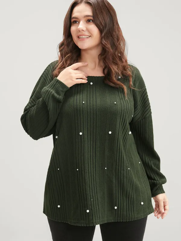Solid Round Neck Pearls Beaded Rib Knit Sweatshirt sold by Bloomchic